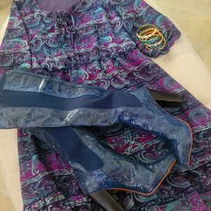 Maurices XXL Empire Waist 3/4 Sleeve Flowy Boho Lace Up Dress Purple Teal Blue